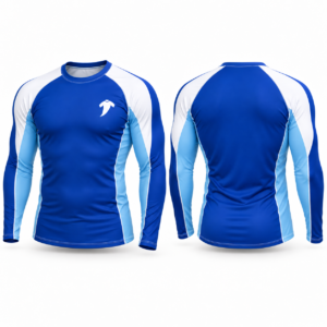 blue and white rash guard