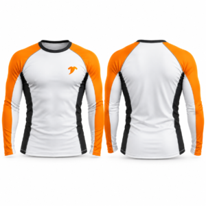 Square front-and-back apparel catalog-10 white and orange rash guard